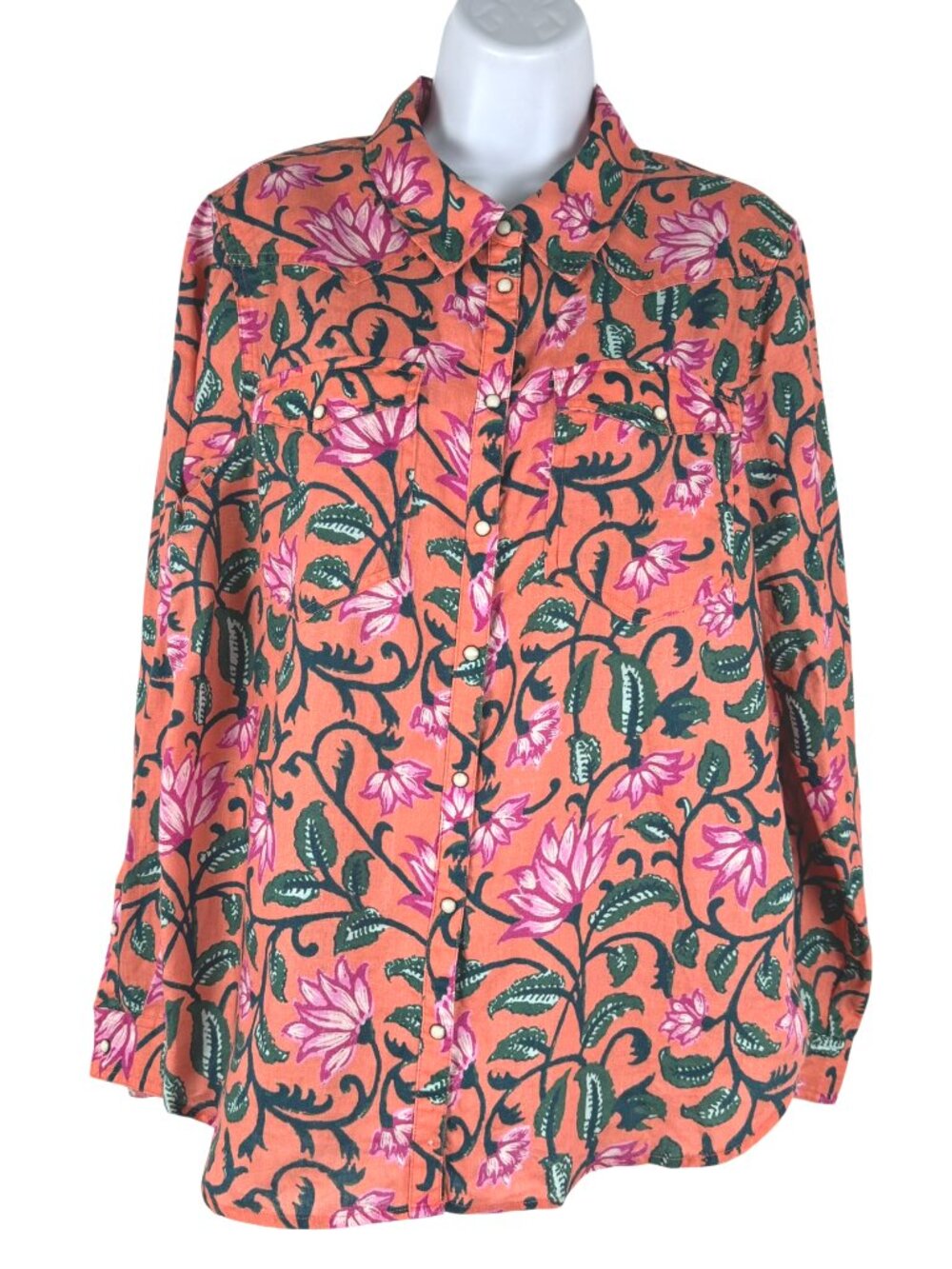 Sundance Willow Long Sleeve Linen Shirt Large Floral Pearl Snap Boho TP-4072